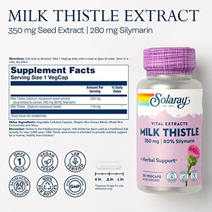 SOLARAY Mariendistel Samenextrakt 350 mg – garantiert 80 % Silymarin – traditionelle Leberunterstützung – vegan & laborgeprüft – 60 Tage Geld-zurück-Garantie – 30 Portionen – 30 VegKaps