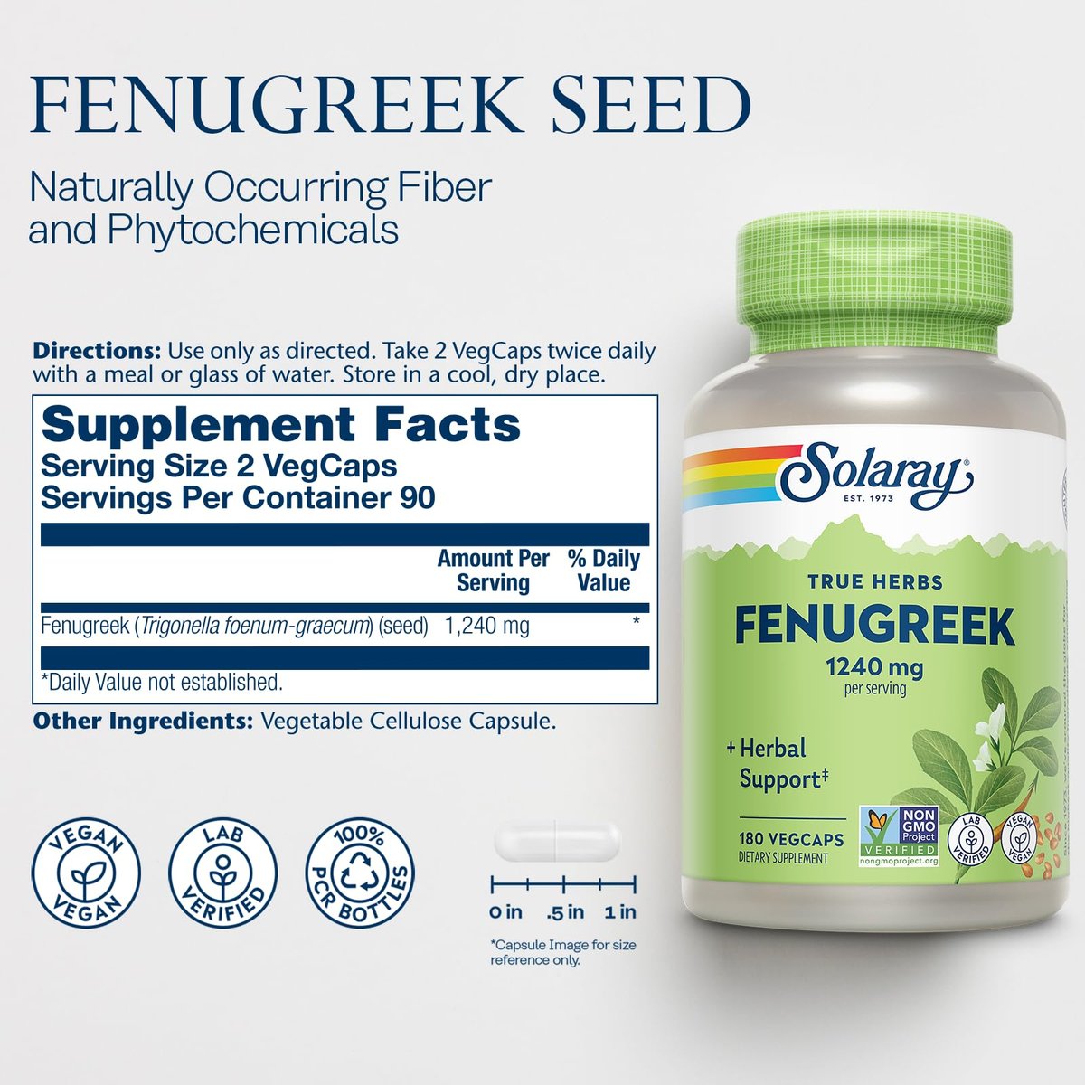 SOLARAY Bockshornklee-Samen Kapseln für Männer & Frauen – 1240 mg, vegan, non-GMO, 180 Kapseln (90 Portionen)