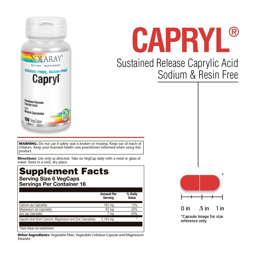 SOLARAY Capryl | Caprylsäure mit verzögerter Freisetzung | Unterstützt einen gesunden Magen-Darm-Trakt | 16 Portionen | 100 VegCaps