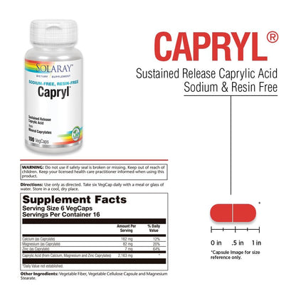 SOLARAY Capryl | Caprylsäure mit verzögerter Freisetzung | Unterstützt einen gesunden Magen-Darm-Trakt | 16 Portionen | 100 VegCaps