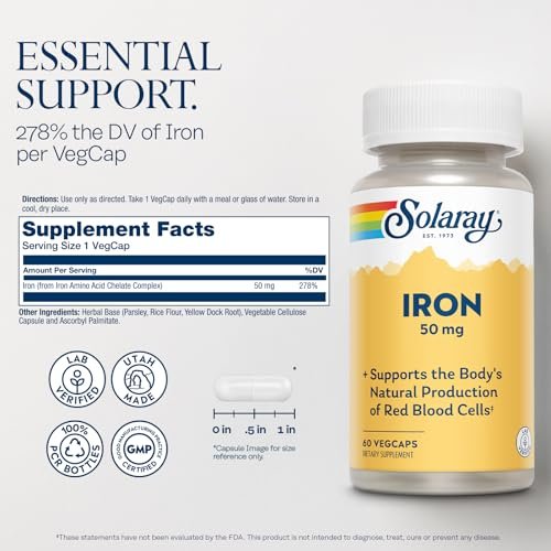 SOLARAY Eisen Kapseln 50mg – Eisenpräparat für Frauen und Männer mit Petersilie und Gelbwurzel, unterstützt die natürliche Bildung roter Blutkörperchen, 60-Tage-Garantie, 60 Portionen