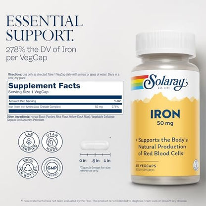 SOLARAY Eisen Kapseln 50mg – Eisenpräparat für Frauen und Männer mit Petersilie und Gelbwurzel, unterstützt die natürliche Bildung roter Blutkörperchen, 60-Tage-Garantie, 60 Portionen