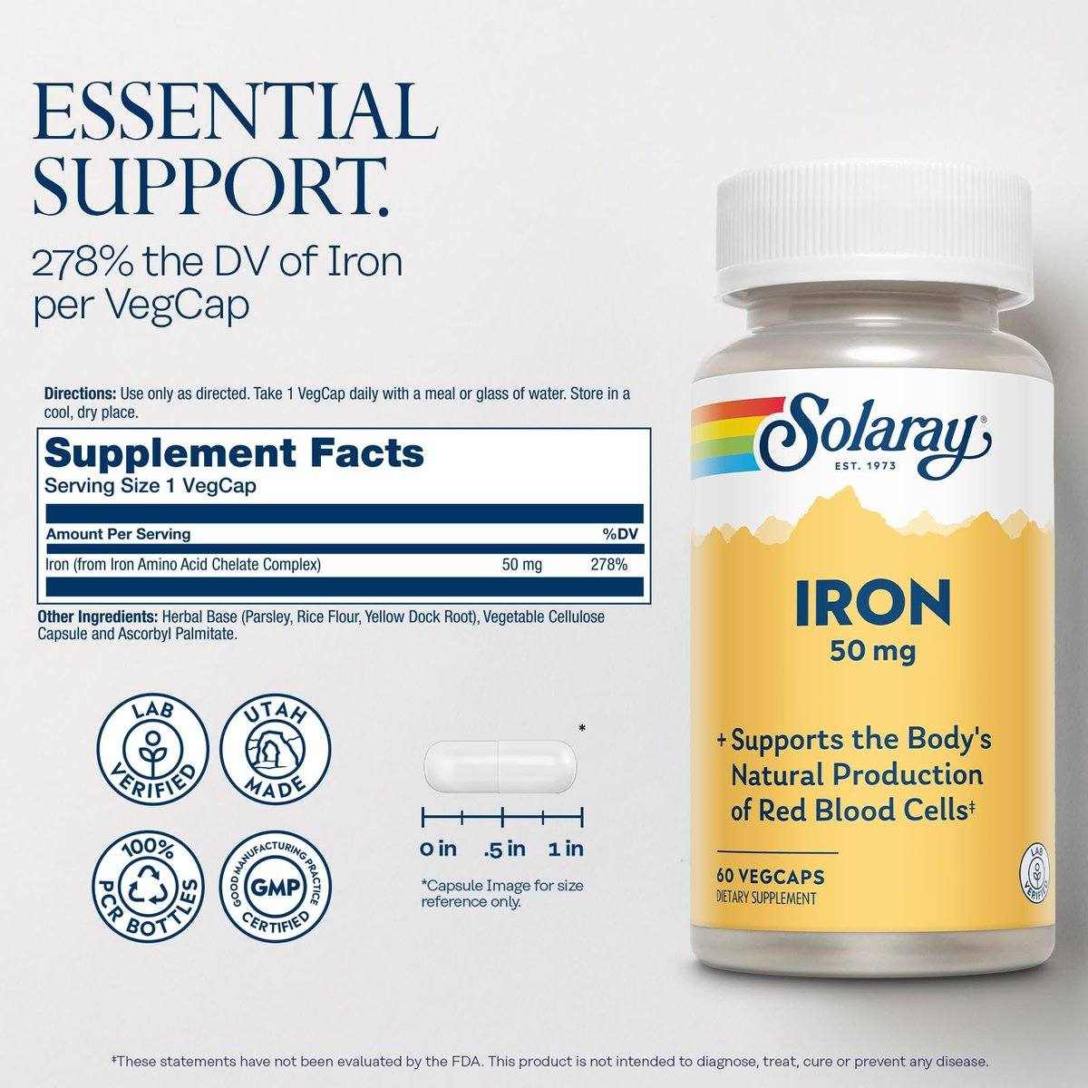 SOLARAY Eisen Kapseln 50mg – Eisenpräparat für Frauen und Männer mit Petersilie und Gelbwurzel, unterstützt die natürliche Bildung roter Blutkörperchen, 60-Tage-Garantie, 60 Portionen