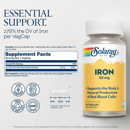 SOLARAY Eisen Kapseln 50mg – Eisenpräparat für Frauen und Männer mit Petersilie und Gelbwurzel, unterstützt die natürliche Bildung roter Blutkörperchen, 60-Tage-Garantie, 60 Portionen