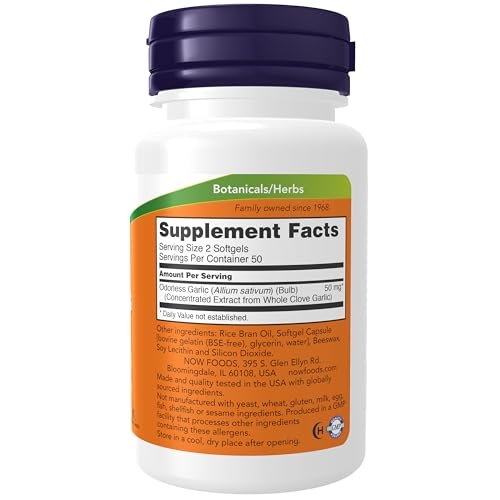 NOW Foods Knoblauch Geruchlos (Allium sativum), konzentrierter Extrakt, 100 Weichkapseln