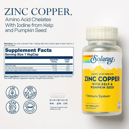 SOLARAY Zink-Kupfer-Aminosäurechelat – Immununterstützung mit cheliertem Zink 50 mg – Knochen-, Haut-, Herz- und Schilddrüsengesundheit – mit Jod aus Kelp, 60-Tage-Garantie, 100 Portionen, 100 vegane Kapseln