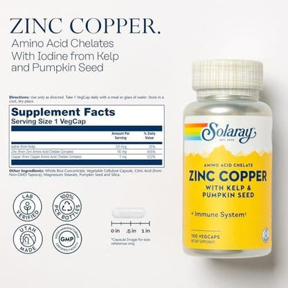 SOLARAY Zink-Kupfer-Aminosäurechelat – Immununterstützung mit cheliertem Zink 50 mg – Knochen-, Haut-, Herz- und Schilddrüsengesundheit – mit Jod aus Kelp, 60-Tage-Garantie, 100 Portionen, 100 vegane Kapseln