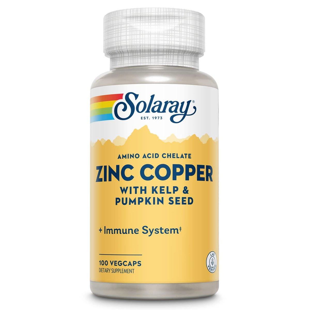 SOLARAY Zink-Kupfer-Aminosäurechelat – Immununterstützung mit cheliertem Zink 50 mg – Knochen-, Haut-, Herz- und Schilddrüsengesundheit – mit Jod aus Kelp, 60-Tage-Garantie, 100 Portionen, 100 vegane Kapseln