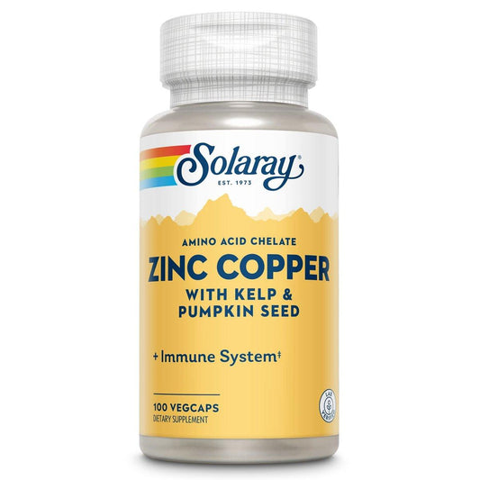 SOLARAY Zink-Kupfer-Aminosäurechelat – Immununterstützung mit cheliertem Zink 50 mg – Knochen-, Haut-, Herz- und Schilddrüsengesundheit – mit Jod aus Kelp, 60-Tage-Garantie, 100 Portionen, 100 vegane Kapseln