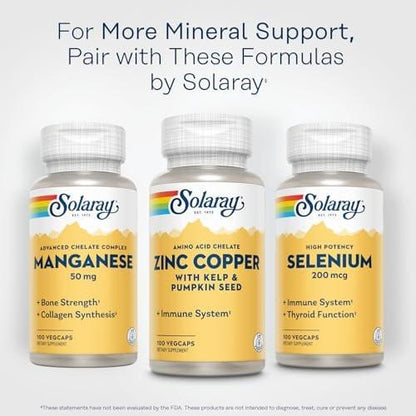 SOLARAY Zink-Kupfer-Aminosäurechelat – Immununterstützung mit cheliertem Zink 50 mg – Knochen-, Haut-, Herz- und Schilddrüsengesundheit – mit Jod aus Kelp, 60-Tage-Garantie, 100 Portionen, 100 vegane Kapseln