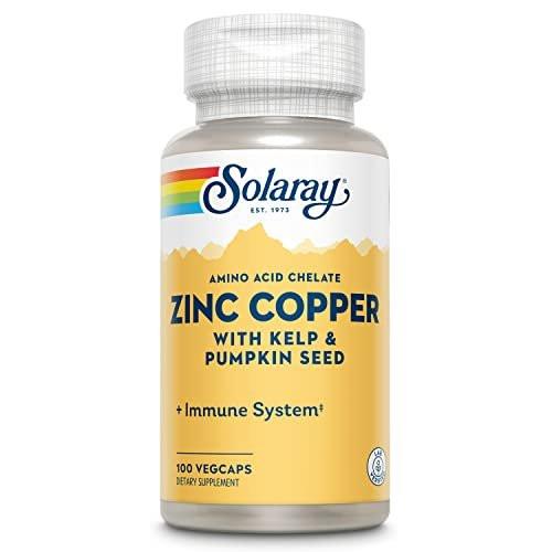 SOLARAY Zink-Kupfer-Aminosäurechelat – Immununterstützung mit cheliertem Zink 50 mg – Knochen-, Haut-, Herz- und Schilddrüsengesundheit – mit Jod aus Kelp, 60-Tage-Garantie, 100 Portionen, 100 vegane Kapseln