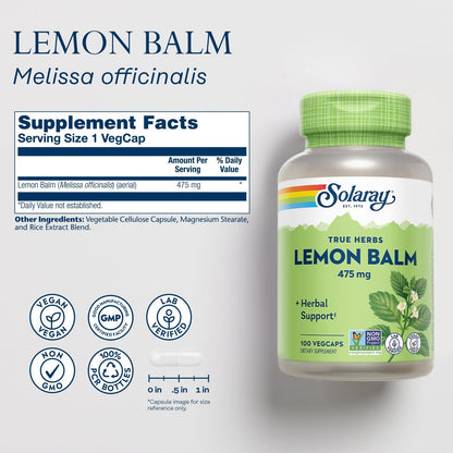Solaray Melissenblatt 475 mg – Natürliches pflanzliches Nahrungsergänzungsmittel für Erwachsene und Kinder, Non-GMO, laborgeprüft – 100 vegane Kapseln