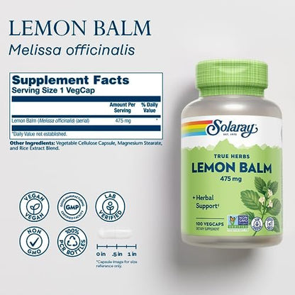Solaray Melissenblatt 475 mg – Natürliches pflanzliches Nahrungsergänzungsmittel für Erwachsene und Kinder, Non-GMO, laborgeprüft – 100 vegane Kapseln