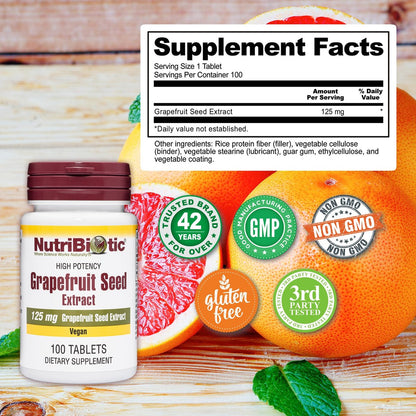 NutriBiotic – Grapefruitkernextrakt Tabletten 125 mg, 100 Stück | Hochwertiges GSE mit Bioflavonoiden | Starke Unterstützung für Immunsystem & allgemeine Gesundheit | Leicht zu schlucken | Vegan, glutenfrei, nicht-GVO