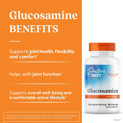 Doctor's Best Glucosamin für Männer & Frauen – 1500 mg pro 2 Kapseln, Gelenkunterstützung für Erwachsene, Glutenfrei, Non-GMO, Sojafrei – 180 Kapseln