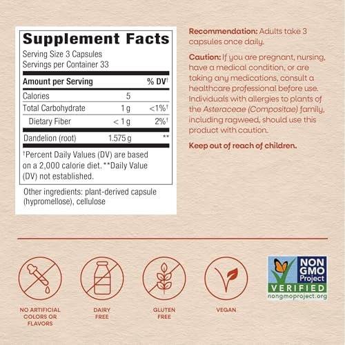 Nature's Way Löwenzahnwurzel Kapseln, traditionelles harntreibendes Kraut, 1.575 mg Löwenzahnwurzel pro 3-Kapsel-Portion, veganes Löwenzahnwurzel-Präparat, Non-GMO Project verifiziert, 100 Kapseln