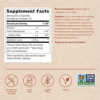 Nature's Way Löwenzahnwurzel Kapseln, traditionelles harntreibendes Kraut, 1.575 mg Löwenzahnwurzel pro 3-Kapsel-Portion, veganes Löwenzahnwurzel-Präparat, Non-GMO Project verifiziert, 100 Kapseln