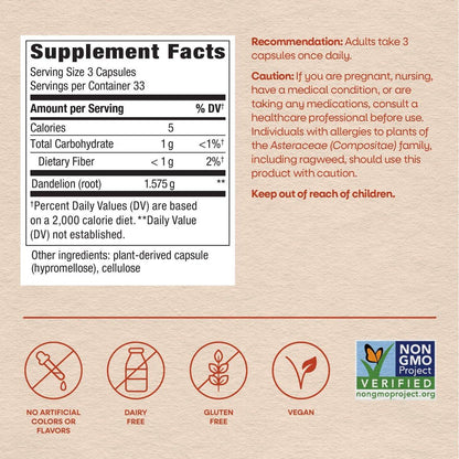 Nature's Way Löwenzahnwurzel Kapseln, traditionelles harntreibendes Kraut, 1.575 mg Löwenzahnwurzel pro 3-Kapsel-Portion, veganes Löwenzahnwurzel-Präparat, Non-GMO Project verifiziert, 100 Kapseln