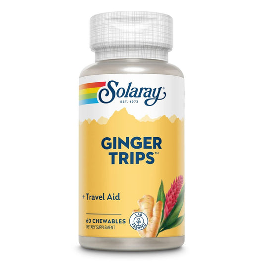 SOLARAY Ginger Trips Travel Aid – Ingwerwurzelextrakt mit Honig, Stevia & Melasse – 60 Kautabletten für gesunde Verdauung