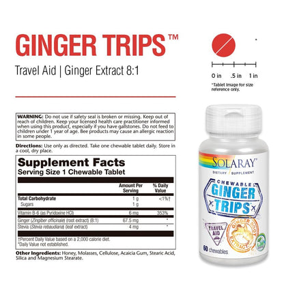 SOLARAY Ginger Trips Travel Aid – Ingwerwurzelextrakt mit Honig, Stevia & Melasse – 60 Kautabletten für gesunde Verdauung