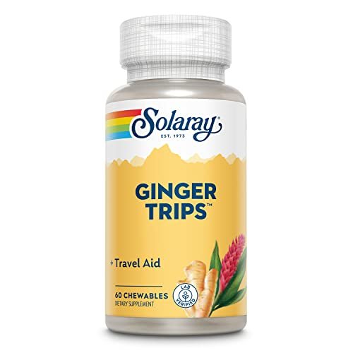 SOLARAY Ginger Trips Travel Aid – Ingwerwurzelextrakt mit Honig, Stevia & Melasse – 60 Kautabletten für gesunde Verdauung