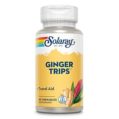 SOLARAY Ginger Trips Travel Aid – Ingwerwurzelextrakt mit Honig, Stevia & Melasse – 60 Kautabletten für gesunde Verdauung
