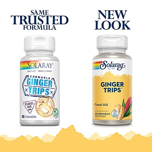SOLARAY Ginger Trips Travel Aid – Ingwerwurzelextrakt mit Honig, Stevia & Melasse – 60 Kautabletten für gesunde Verdauung