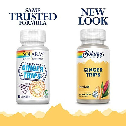 SOLARAY Ginger Trips Travel Aid – Ingwerwurzelextrakt mit Honig, Stevia & Melasse – 60 Kautabletten für gesunde Verdauung