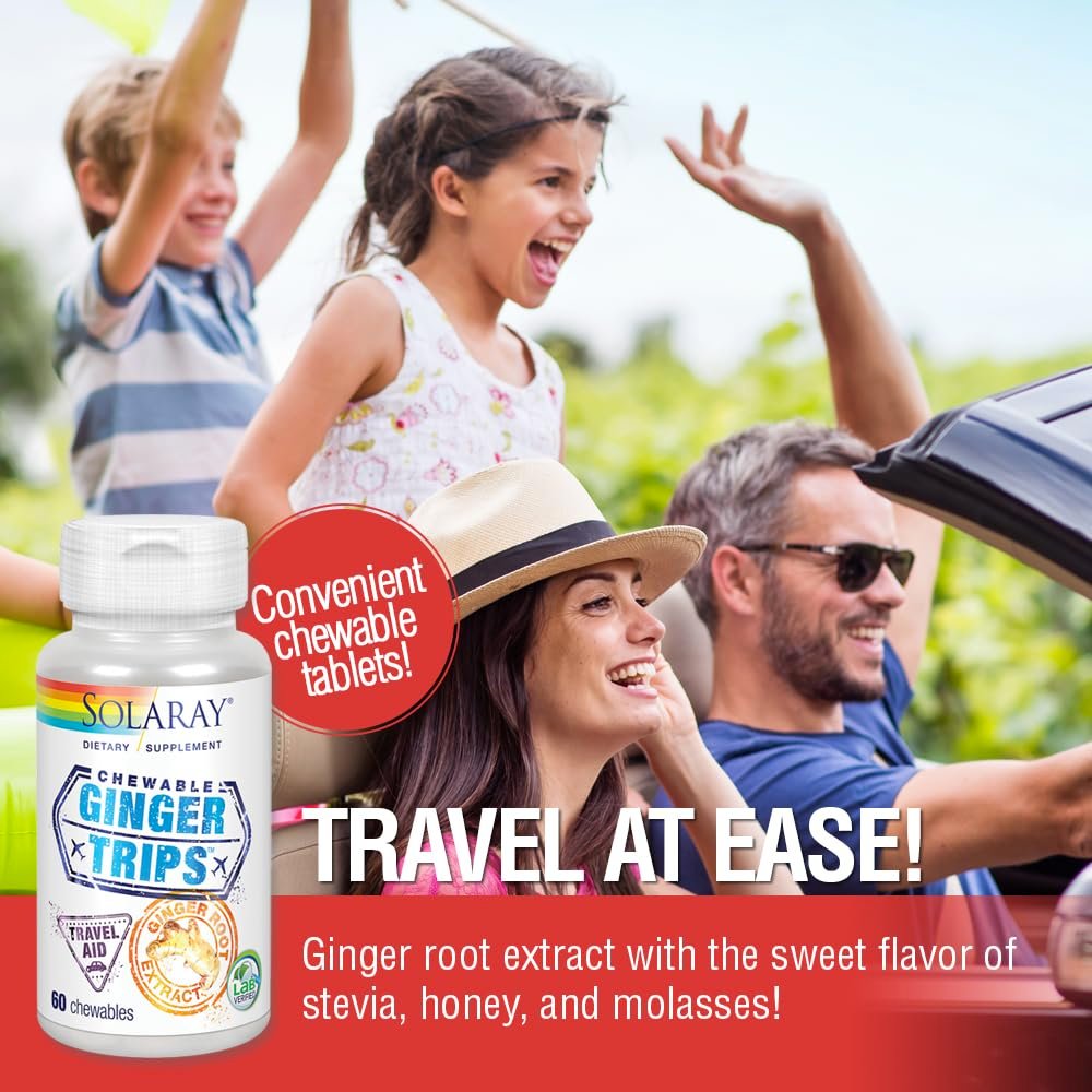SOLARAY Ginger Trips Travel Aid – Ingwerwurzelextrakt mit Honig, Stevia & Melasse – 60 Kautabletten für gesunde Verdauung