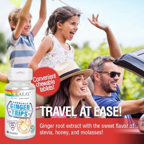 SOLARAY Ginger Trips Travel Aid – Ingwerwurzelextrakt mit Honig, Stevia & Melasse – 60 Kautabletten für gesunde Verdauung
