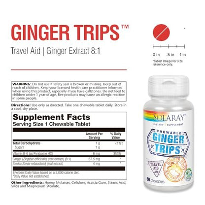 SOLARAY Ginger Trips Travel Aid – Ingwerwurzelextrakt mit Honig, Stevia & Melasse – 60 Kautabletten für gesunde Verdauung