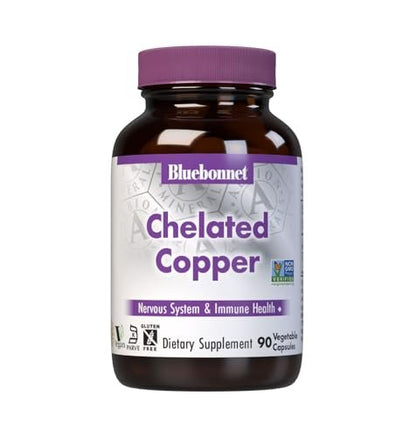 Bluebonnet Nutrition Albion Chelatiertes Kupfer – Unterstützung für Nervensystem & Immunsystem*, Sojafrei, Glutenfrei, Nicht-GVO, Koscher zertifiziert, Laktosefrei, Vegan, 90 pflanzliche Kapseln, 90 Portionen