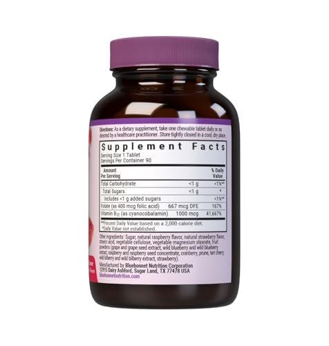 Bluebonnet Nutrition Earth Sweet Vitamin B12 & Folsäure Kautabletten, Sojafrei, Glutenfrei, Himbeere, 90 Tabletten (1 Packung)