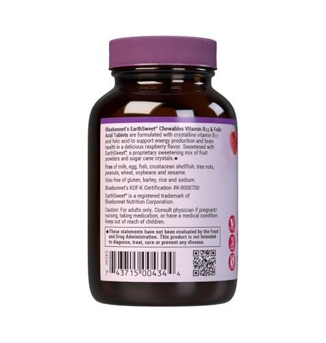Bluebonnet Nutrition Earth Sweet Vitamin B12 & Folsäure Kautabletten, Sojafrei, Glutenfrei, Himbeere, 90 Tabletten (1 Packung)