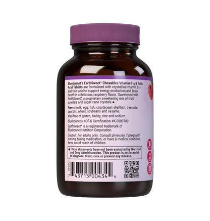 Bluebonnet Nutrition Earth Sweet Vitamin B12 & Folsäure Kautabletten, Sojafrei, Glutenfrei, Himbeere, 90 Tabletten (1 Packung)