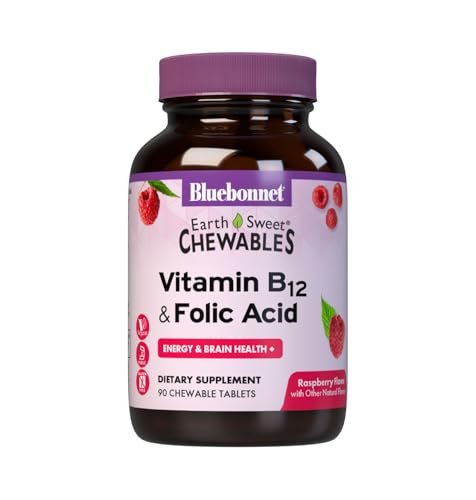 Bluebonnet Nutrition Earth Sweet Vitamin B12 & Folsäure Kautabletten, Sojafrei, Glutenfrei, Himbeere, 90 Tabletten (1 Packung)