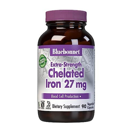 Bluebonnet Nutrition Albion Extra-Stärke Chelat-Eisen 27 mg – Für gesunde rote Blutkörperchen*, Sojafrei, Glutenfrei, Nicht-GVO, Koscher, Milchfrei, Vegan, 90 pflanzliche Kapseln, 90 Portionen