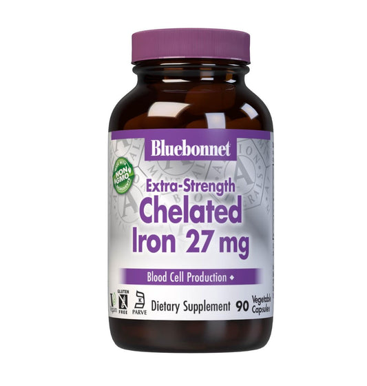 Bluebonnet Nutrition Albion Extra-Stärke Chelat-Eisen 27 mg – Für gesunde rote Blutkörperchen*, Sojafrei, Glutenfrei, Nicht-GVO, Koscher, Milchfrei, Vegan, 90 pflanzliche Kapseln, 90 Portionen