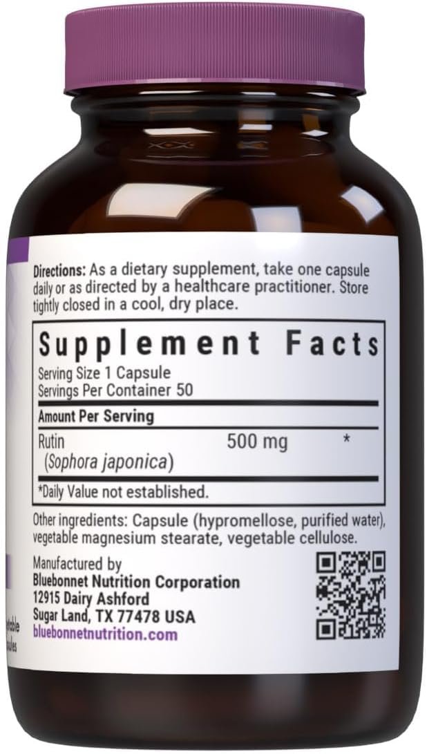 Bluebonnet Nutrition Rutin 500 mg – Antioxidatives Bioflavonoid aus Sophora Japonica für die Gefäßunterstützung* – Vegan, glutenfrei, sojafrei – 50 pflanzliche Kapseln
