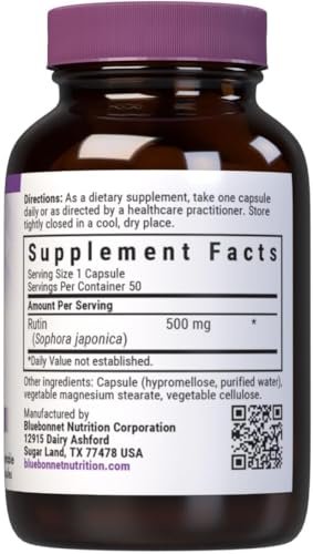 Bluebonnet Nutrition Rutin 500 mg – Antioxidatives Bioflavonoid aus Sophora Japonica für die Gefäßunterstützung* – Vegan, glutenfrei, sojafrei – 50 pflanzliche Kapseln