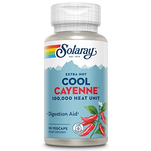 Solaray Extra Hot Cool Cayenne 100.000 Hitzeeinheiten - Cayennepfeffer-Kapseln mit Capsaicin für Frauen & Männer, Bio-Cool-Formel mit Mäusedorn & Ingwer - 100 VegKapseln