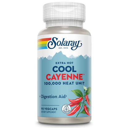 Solaray Extra Hot Cool Cayenne 100.000 Hitzeeinheiten - Cayennepfeffer-Kapseln mit Capsaicin für Frauen & Männer, Bio-Cool-Formel mit Mäusedorn & Ingwer - 100 VegKapseln
