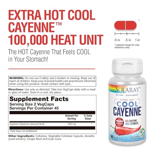 Solaray Extra Hot Cool Cayenne 100.000 Hitzeeinheiten - Cayennepfeffer-Kapseln mit Capsaicin für Frauen & Männer, Bio-Cool-Formel mit Mäusedorn & Ingwer - 100 VegKapseln