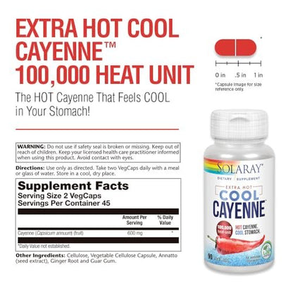 Solaray Extra Hot Cool Cayenne 100.000 Hitzeeinheiten - Cayennepfeffer-Kapseln mit Capsaicin für Frauen & Männer, Bio-Cool-Formel mit Mäusedorn & Ingwer - 100 VegKapseln