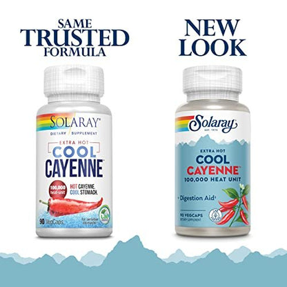Solaray Extra Hot Cool Cayenne 100.000 Hitzeeinheiten - Cayennepfeffer-Kapseln mit Capsaicin für Frauen & Männer, Bio-Cool-Formel mit Mäusedorn & Ingwer - 100 VegKapseln