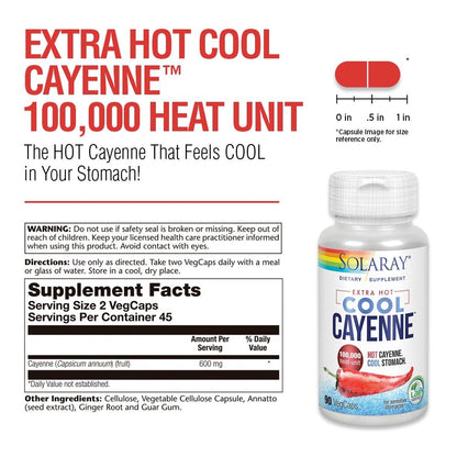 Solaray Extra Hot Cool Cayenne 100.000 Hitzeeinheiten - Cayennepfeffer-Kapseln mit Capsaicin für Frauen & Männer, Bio-Cool-Formel mit Mäusedorn & Ingwer - 100 VegKapseln