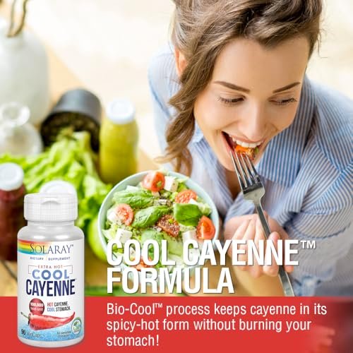 Solaray Extra Hot Cool Cayenne 100.000 Hitzeeinheiten - Cayennepfeffer-Kapseln mit Capsaicin für Frauen & Männer, Bio-Cool-Formel mit Mäusedorn & Ingwer - 100 VegKapseln