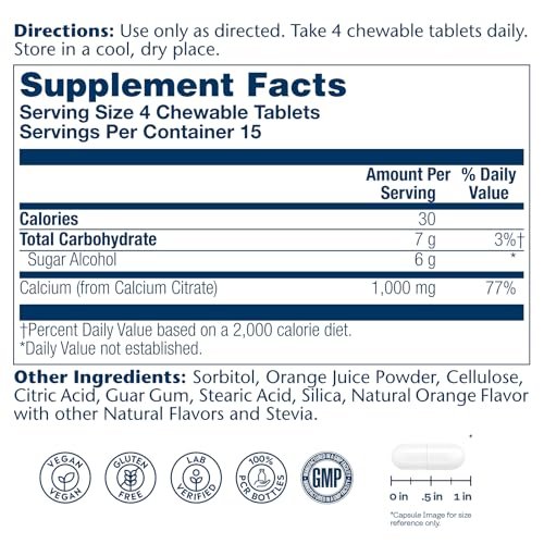 SOLARAY Calcium Citrat 1000 mg – Kautabletten für Frauen und Männer – Natürlicher Orangen Geschmack – Vegan & Glutenfrei – 60 Tage Garantie – 15 Portionen