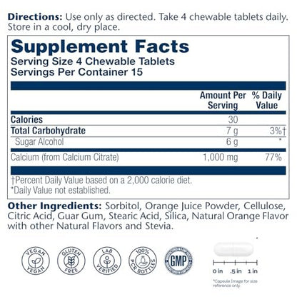 SOLARAY Calcium Citrat 1000 mg – Kautabletten für Frauen und Männer – Natürlicher Orangen Geschmack – Vegan & Glutenfrei – 60 Tage Garantie – 15 Portionen