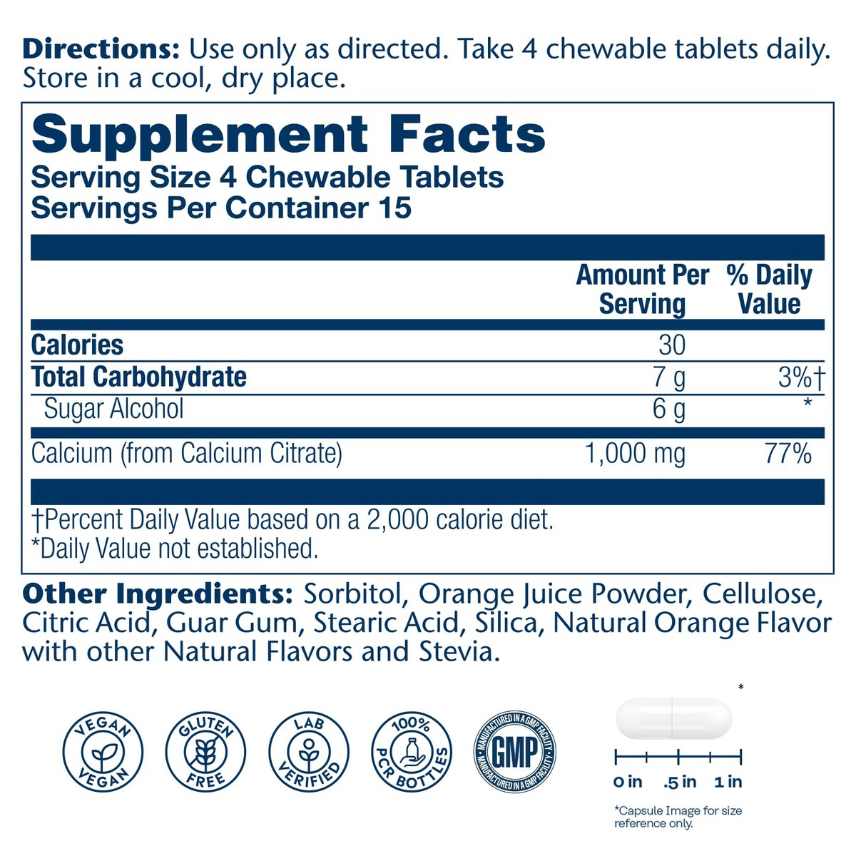 SOLARAY Calcium Citrat 1000 mg – Kautabletten für Frauen und Männer – Natürlicher Orangen Geschmack – Vegan & Glutenfrei – 60 Tage Garantie – 15 Portionen
